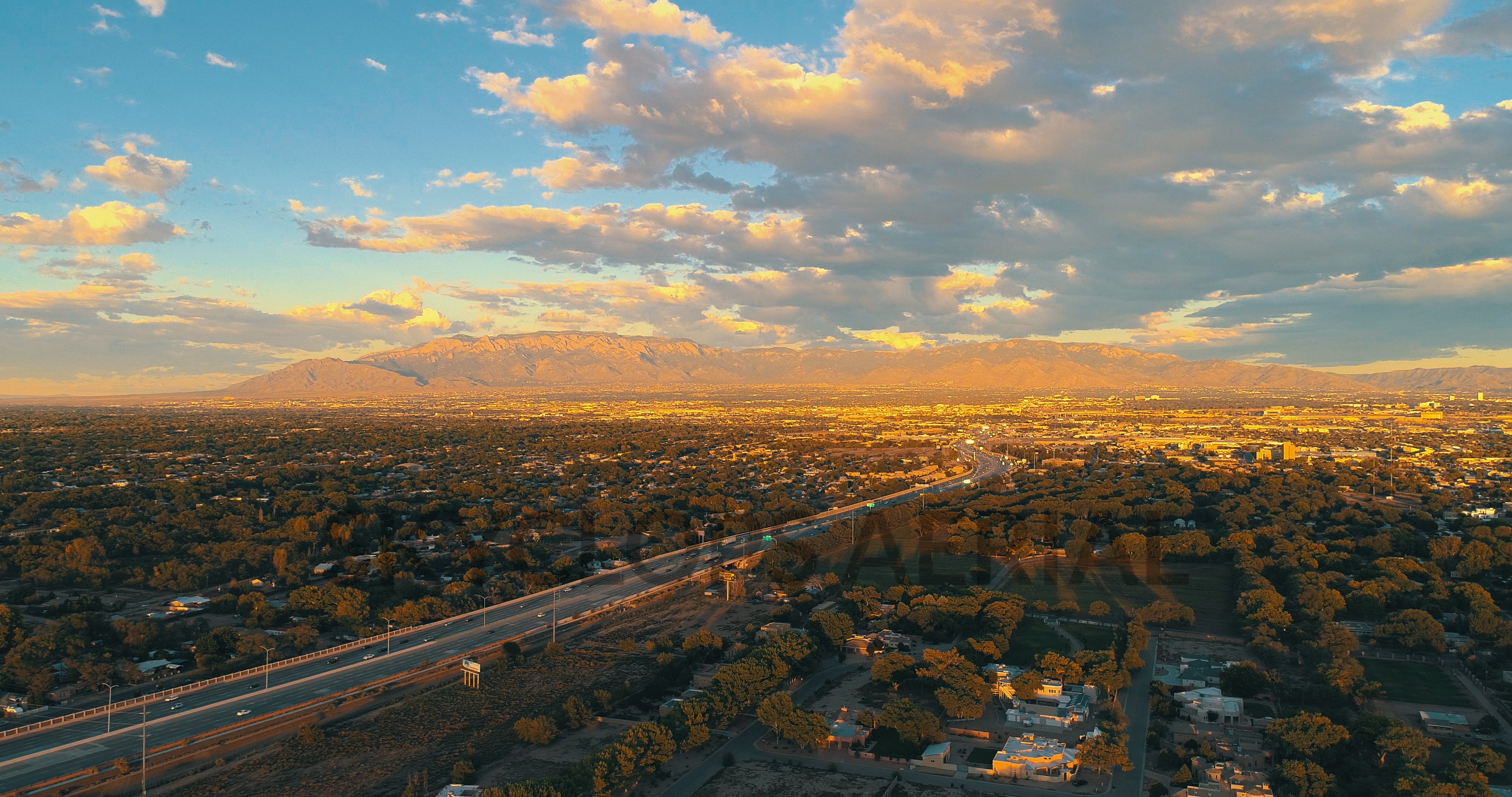 Aerial view of The Sandia Mountains and Albuquerque from I-40 in New Mexico